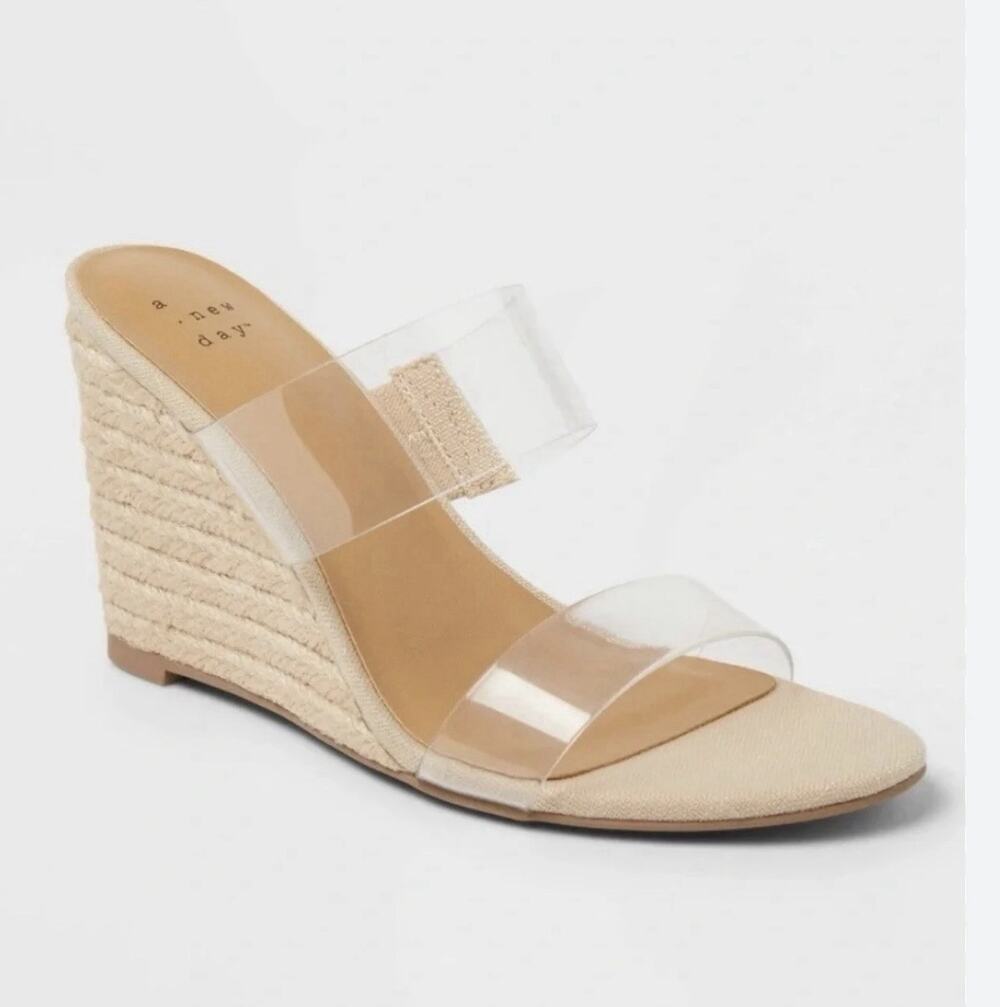 A New Day Clear Strap Espadrille Wedge Sandals Nude Beige Size 11 NWT